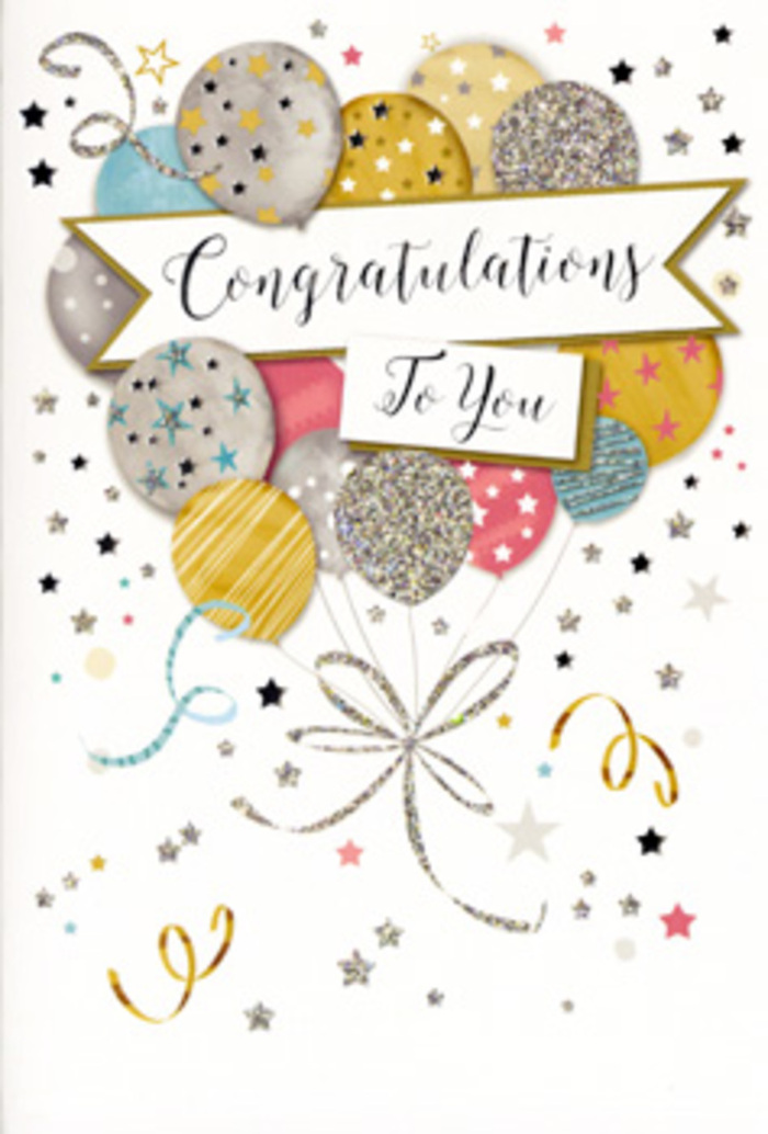 This image features a stylish congratulations card that captures the essence of a joyful moment, as if pausing time right after good news has been shared in a cosy Hither Green living room. Dominating the composition is a graceful cluster of balloons, drawn with a soft yet defined touch that gives them a three-dimensional feel. The balloons are rendered in a palette of metallic gold and silver, complemented by champagne, air-light blue, tender blush pink, and soothing grey tones. Some balloons are embellished with tiny stars, others with diagonal stripes or scattered glitter effects, each detail catching and reflecting an invisible light. They nestle together like a bouquet rising gently upwards, evoking the same buoyant feeling as seeing balloons bobbing above a celebration in Manor House Gardens. From the base, delicate ribbons trail downwards in shimmering gold and silver lines, curling naturally as they cross the page and link the elements of the design. Surrounding the central cluster, small metallic stars, dots, and confetti-like curls drift across a clean, pale background, giving the impression that the air itself is full of excitement and well-wishes. A sophisticated banner sweeps across the centre, displaying a "Congratulations" message in flowing, calligraphic script that feels both personal and refined. The overall effect is one of modern elegance mingled with heartfelt warmth, ideal for recognising exam success, career milestones, or special achievements. As someone arranging flowers in Hither Green, I imagine this card tucked snugly into a bouquet, ready to be delivered to a home near St. Swithun's Road or a flat by Hither Green Station, adding an extra layer of meaning to a celebratory floral gift.