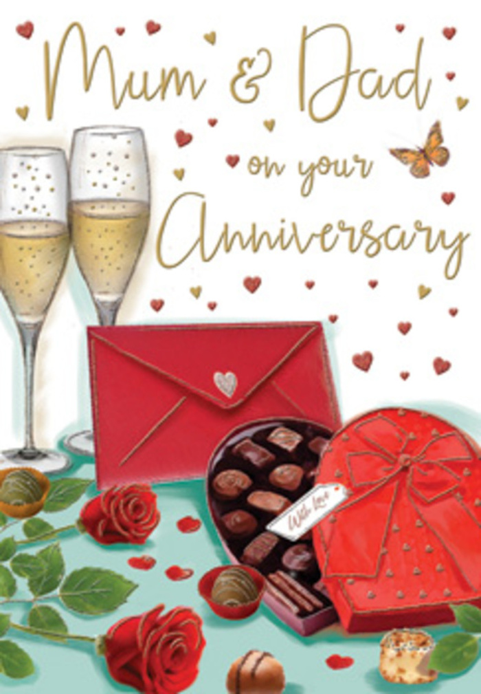 Luxurious anniversary card design featuring a richly detailed table arrangement, evoking the mood of a romantic evening at home in Hither Green after a stroll through nearby Manor House Gardens. At the core of the illustration, two champagne glasses stand close together, crystal-clear and delicately shaped, each brimming with golden, effervescent bubbles that rise as if to meet an unseen toast between partners. Nestled beside them, a heart-shaped box of chocolates lies partly open, revealing a tempting array of glossy truffles carefully lined up inside, while a bold red bow arcs over the lid, its folds shaded to look like soft satin ribbon. Two sumptuous red roses, their petals layered, velvety, and almost touchable, rest on a bed of rich green leaves, suggestive of a freshly arranged bouquet chosen from Hither Green Florist for a special anniversary delivery across Lewisham and SE13. A striking scarlet envelope, sealed and angled just so, hints at an intimate, handwritten message to "Mum & Dad," full of appreciation for years of shared life. Scattered across the softly glowing background, tiny crimson and gold hearts drift like confetti in candlelight, framing the composition with a sense of playful romance. The lighting feels warm and mellow, as though cast from a nearby lamp in a living room off Hither Green Lane, giving gentle reflections to the glass and a subtle sheen to the chocolates and ribbon. Together, these elements create a tender, celebratory atmosphere that captures the spirit of an anniversary-sweet, nostalgic, and quietly joyful-rooted in everyday love and family moments in Hither Green.