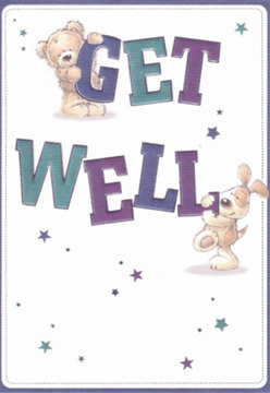 Infused with instant warmth and hope, this charming get well card is a delightful pick-me-up, ideal for sharing comforting thoughts with someone in Hither Green. The artwork pairs a cuddly teddy bear-gently holding the top of a bright 'GET'-with an exuberant puppy who nestles below, playfully embracing the bold 'WELL.' Their friendly, round faces exude care and encouragement, while their soft, illustrated fur invites touch, not unlike the plush texture of fresh blossoms curated by florists near Staplehurst Road. Swirling around the characters, star-shaped bursts in deep purples and teals add surprise and sparkle, conjuring up memories of evening walks beneath the trees in Manor House Gardens. The rich, cool hues of the typography stand out beautifully against the clear white background, radiating clarity and strength. This inviting card, reminiscent of the fresh arrangements available daily at Hither Green Florist, is more than a note-it's a tangible gesture of kindness, meant to brighten a weary heart. Sending it alongside a bouquet, carefully hand-selected and delivered with Hither Green's trademark warmth, is a meaningful way to let someone know they're cherished and not alone during recovery.