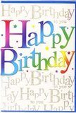 The birthday card in this image radiates pure festivity, much like the atmosphere at a cheerful gathering in one of Hither Green's friendly cafés. The main focus is the bold "Happy Birthday" message running across the centre in large, rounded letters that seem to bounce with energy. Each letter is a different colour, creating a smooth rainbow effect that transitions from deep berry reds and vivid fuchsias through bright oranges, sunny yellows and lime greens to cool aquas, sky blues and hints of violet. The colours are richly saturated yet softly blended, so the text feels joyful without being jarring, like a carefully balanced mix of bright blooms in a birthday bouquet. Behind this central greeting, the card's background is entirely covered with repeated lines of "Happy Birthday to you" in graceful, gold-coloured script. The writing is fine and slightly looping, weaving together across the card to form a shimmering pattern that looks almost like a musical score, each curve of the letters echoing the rhythm of the familiar tune. The metallic gold catches and reflects light in a gentle way, creating tiny glints that animate the design when it is moved, reminiscent of late-afternoon sun glancing off the rooftops near Hither Green station. Additional tiny golden stars, dots and curving flourishes float around the main words, giving the subtle impression of confetti drifting down through the air. The card's surface appears smooth and slightly glossy, hinting at a silky feel when held. Overall, the design blends playful colour with elegant detail, making it a thoughtful companion to a fresh floral delivery marking a special birthday in and around Hither Green.
