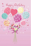 A softly whimsical birthday illustration captures the feeling of a pastel celebration floating just above the rooftops of Hither Green. The scene is set against a smooth, blush-pink background that feels calm and welcoming, much like a quiet evening stroll past local gardens. From the lower centre, a grouping of balloons rises gracefully, their colours a gentle blend of pale pink, mint green, buttery yellow, and lavender. Each balloon is distinctive: some feature candy-like stripes that swirl around their round forms, others are dotted with playful polka dots and tiny stars, and one heart-shaped balloon stands out near the centre, radiating affection and warmth. The balloons appear glossy and light, as though filled with helium, strings drifting downward to meet the bouquet below. At the base lies a compact hand-tied posy of flowers, composed of miniature roses and anemone-like blooms. Their petals are layered and feathery, painted in creamy ivory, blush, and soft mauve that harmonise beautifully with the balloons above. A violet satin ribbon binds the stems together in a neat bow, its surface gently gleaming, suggesting a smooth, silky texture between the fingers. The lighting throughout is soft and diffused, creating subtle highlights on the balloons and a gentle glow on the petals, adding depth while preserving the dreamy quality of the design. Delicate butterflies and star shapes are scattered here and there, as if drifting in the same upward motion, adding a fairy-tale touch. The overall mood is one of light-hearted joy and tender celebration, perfect for a birthday greeting that feels both personal and lovingly crafted by a local Hither Green florist.