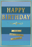 This image shows a graceful birthday card whose soothing blues and shining gold accents capture the calm character of Hither Green. The card face is divided into wide horizontal stripes, each a different shade of blue, shifting gently from darker, inky tones at the top and bottom into softer, more luminous blues toward the centre, like the sky opening over the gardens and terraces off Hither Green Lane. Across this layered backdrop, the greeting "HAPPY BIRTHDAY" sits proudly in the middle, rendered in large, embossed gold letters. The lettering appears slightly raised and finely pressed, with a metallic finish that glows rather than glares, catching light in soft, brushed highlights. Just beneath, a delicate golden flourish curls in a single decorative line, suggesting a handcrafted touch and separating the main message from the rest of the card. In the lower section are three neat golden banners, stacked vertically with even spacing. Each ribbon carries a portion of the full sentiment: "Relax, have a great day and enjoy!" The banners share the same smooth, reflective gold as the text, and their clean edges lend a sense of order and care. The blues of the background feel velvety and cool, while the gold elements evoke warmth and gentle festivity, much like a quiet birthday gathering at home after a walk through nearby Mountsfield Park. The overall effect is one of understated elegance and heartfelt sincerity, a perfect card to accompany a locally delivered bouquet that brings fresh colour and fragrance into a Hither Green home.